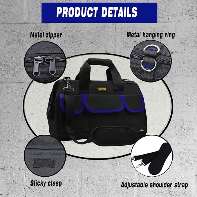 22 Inch Tools Bag, Waterproof Wide Mouth Tool Kit, Tools Big Bag, Heavy Duty Tool Tote Organizer With Adjustable Shoulder Strap For Men/Women (22IN Blue)