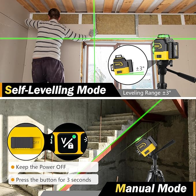 IKOVWUK 3x360° Laser Level, Level for Construction Picture Hanging Floor,12 Lines Self-leveling Laser Level Line with Upgraded Flash Mode, 2X 3000MAH Battery