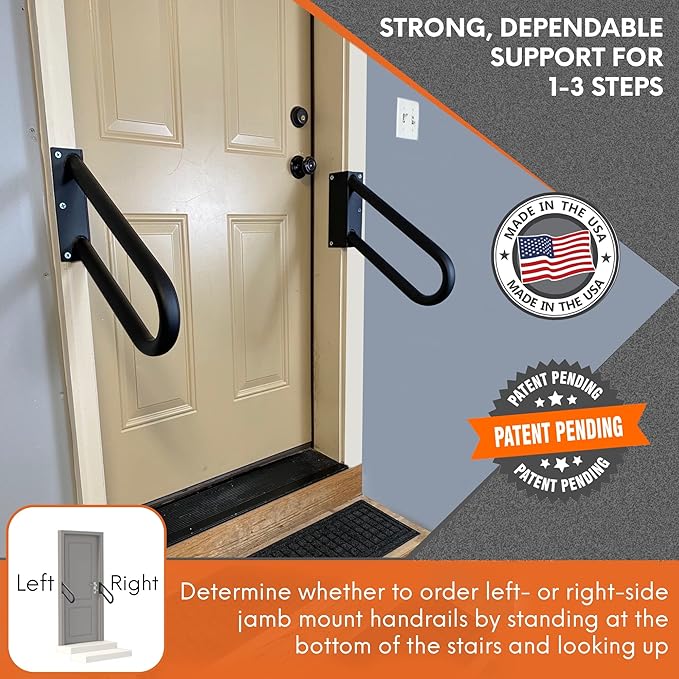 Hold Tight Handrails Steel Jamb-Mount Handrail - Heavy Duty Stair Railing for Decks, Porch, Mobile Homes, Short Stairway - Weatherproof & Non-Slip Powder Coated Finish - [Left Handed], [18"], [Black]