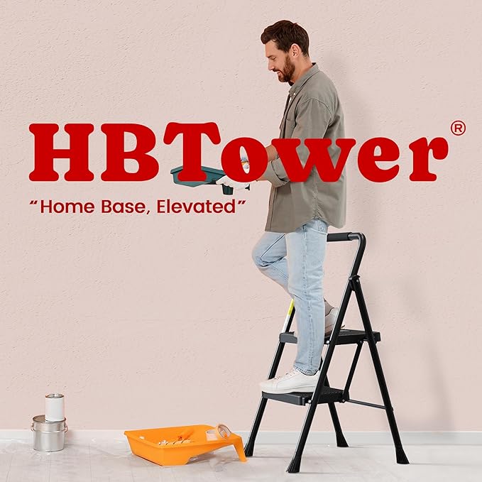 HBTower Step Ladder, Folding Step Stool with Wide Anti-Slip Pedal, Sturdy Steel Ladder, Convenient Handrail, Lightweight, Portable Steel Step Stool