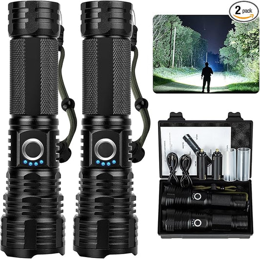 Rechargeable Flashlights High Lumens, 99,000 Lumen Super Bright Flashlight, 2pack Led High Powered Flash Light, Flashlight for Home, Camping, 5 Modes/12h Run Time for Outdoor, IPX6 Waterproof