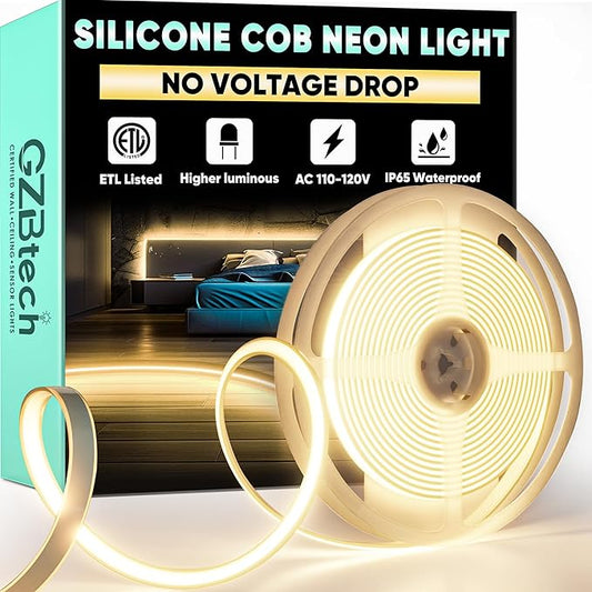 GZBtech Silicone COB Neon Rope Lights 16.4FT/5M, 2800K Super Bright Warm White Waterproof Neon Strip Light, AC 110-120V Flexible Soft Cuttable Tape Rope Lighting for Indoor Outdoor Home Commercial