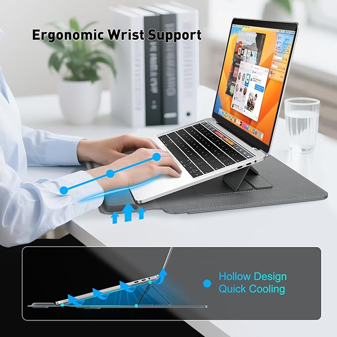 AboveTEK Laptop Sleeve Case for 13-14 inch MacBook Air/Pro, Slim Laptop Case with Stand, Ergonomic Wrist Rest & Mouse Pad, Waterproof Anti-Scratch Leather Bag for 13-14 Surface HP, Grey
