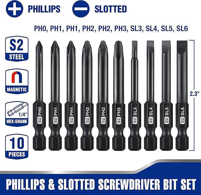 WORKPRO 10pcs Slotted Phillips Screwdriver Bit Set, CNC Machined S2 Steel Magnetic Screwdriver Bits Set, 1/4 Inch Hex Shank Driver Bits, 2.3 Inch Long Screwdriver Bits Set with Storage Box