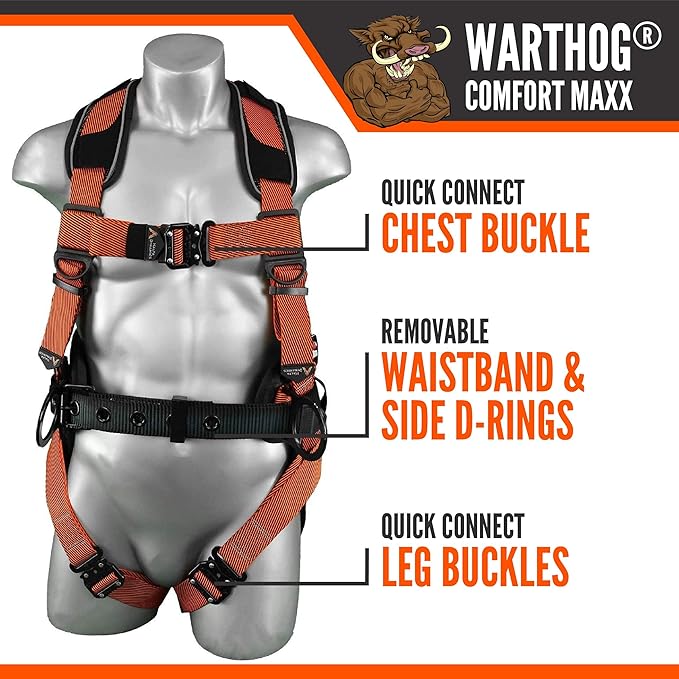 Malta Dynamics Warthog Comfort MAXX - Safety Harness for Construction – Fall Protection Equipment with Removable Belt and Lumbar Support, Side D-Rings, and Padding, OSHA & ANSI Compliant (L-XL)