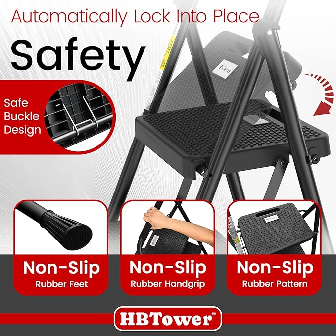 HBTower Step Ladder, Folding Step Stool with Wide Anti-Slip Pedal, Sturdy Steel Ladder, Convenient Handrail, Lightweight, Portable Steel Step Stool