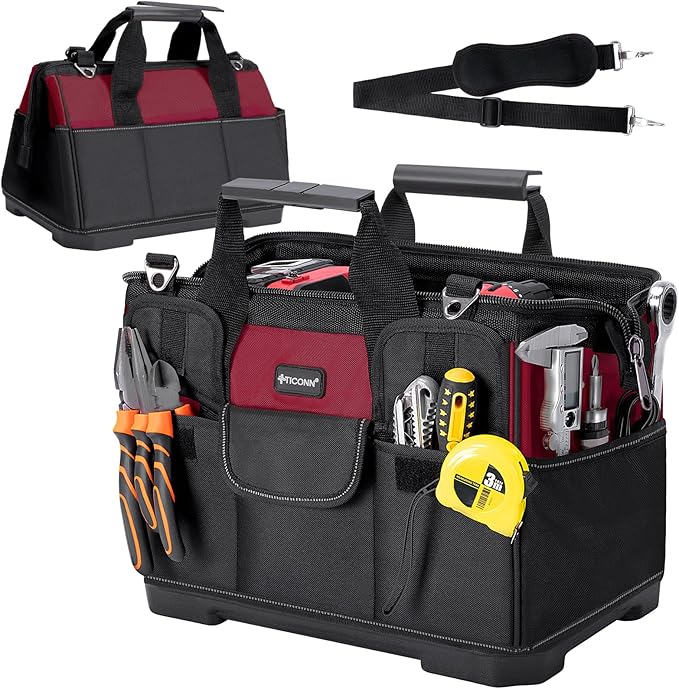 TICONN Heavy Duty Tool Bag with Multi-Pockets, Portable Tool Box Organizer Storage Bag, with Adjustable Shoulder Strap and Ergonomic Handle (Red, 16" Molded Base)