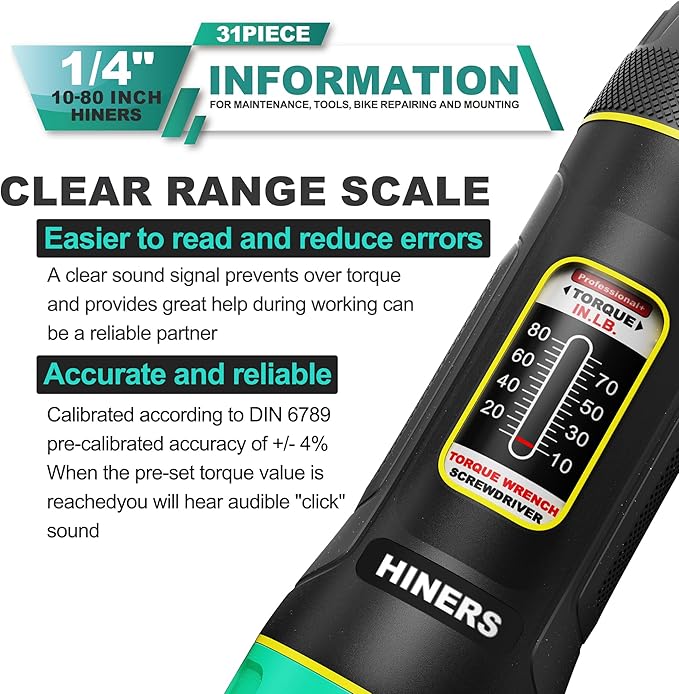 31 Piece Torque Screwdriver Wrench Driver Set 1/4" 10-80 Inch Pounds lbs with 30pcs S2 Bits, Long Shank Screwdriver Torque Wrench for Maintenance, Tools, Bike Repairing and Mounting