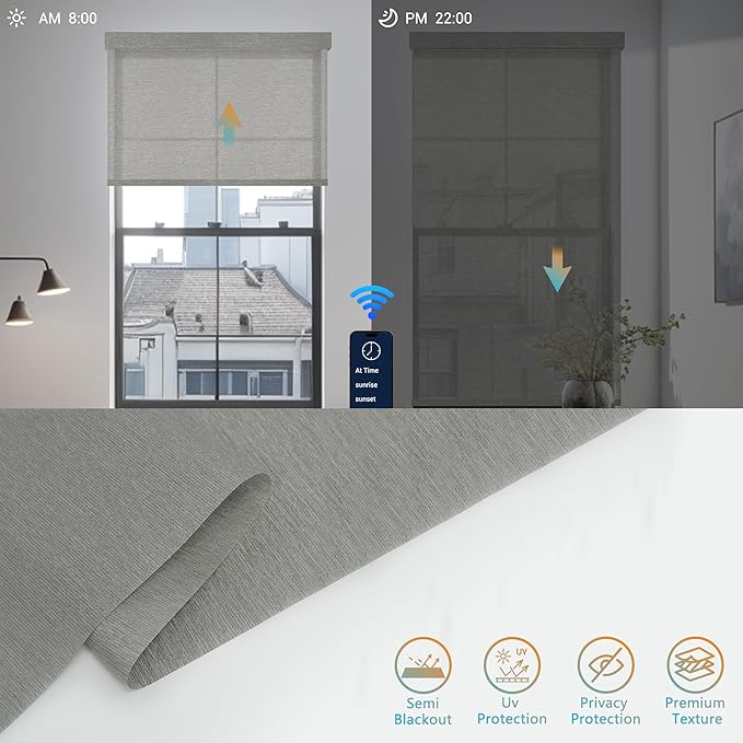 Motorized Blinds with Remote, Light Filtering Smart Roller Blinds Compatible with Apple Homekit Google Home and Alexa, Automatic Window Blinds Customize, Dark Grey