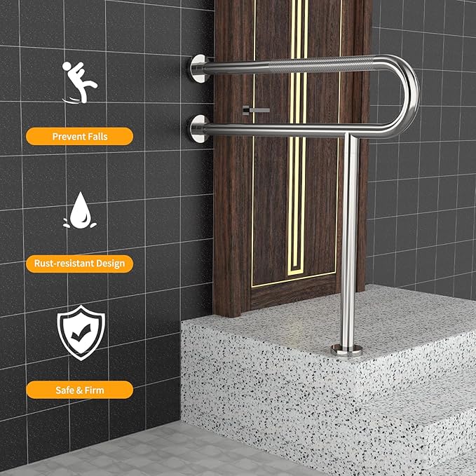 Toilet Grab Bar 31.3 Inch with Leg, YuanDe Chrome Anti-Slip Toilet Handrail, Wall & Floor Mounted Stainless Steel Grab Bar, Knurled Handicap Support Rail for Elderly, Disabled, Pregnant