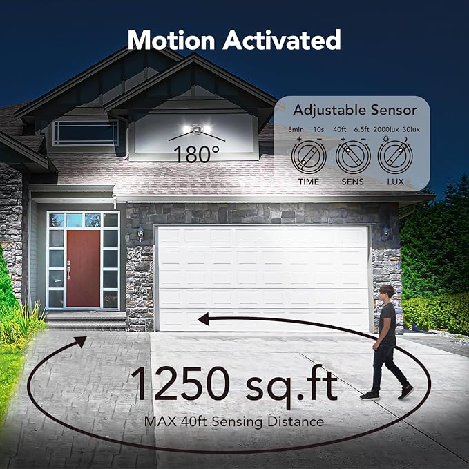 OREiN 2 Pack Motion Sensor Outdoor Lights, 450° Superwide Adjustment Dimmable Dusk to Dawn Flood Lights Outdoor, 5000K 12W=150W Outside LED Security Lights, IP65, Black (Hardwired)