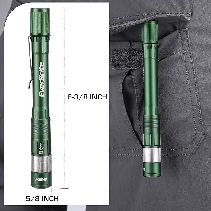 EverBrite Pen Light, Rechargeable Pen Flashlights, 300 Lumens Zoomable LED Small Flashlight with Clip, Memory Function, USB-C Cable Included, Pocket Size for Camping, Emergency, Mechanic, Green