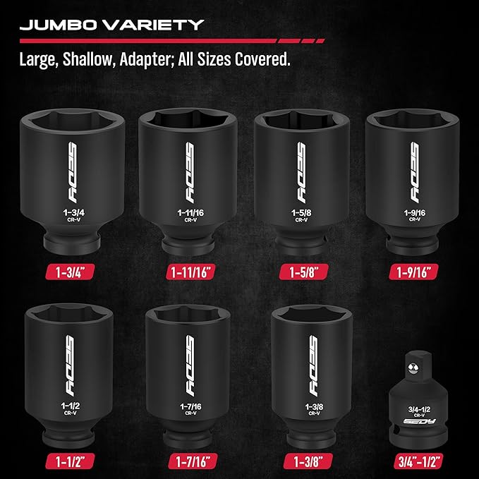 SAE Deep Impact Socket Set 8-Piece 1/2-inch Drive Wheel Axle Nut Wrench Large Sockets Standard Adapter 1-11/16 1-9/16 1-3/8 1-7/16 1-1/2 1-5/8 1-3/4 Imperial Spindle Joint Torque Bearing Locknut Truck