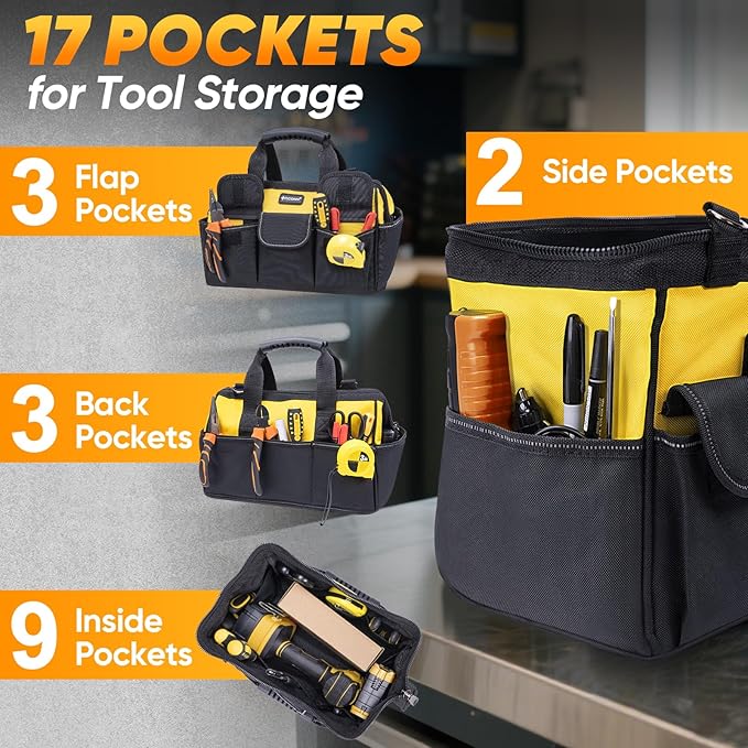TICONN Heavy Duty Tool Bag with Multi-Pockets, Portable Tool Box Organizer Storage Bag, with Adjustable Shoulder Strap and Ergonomic Handle (Yellow, 12" Standard Base)
