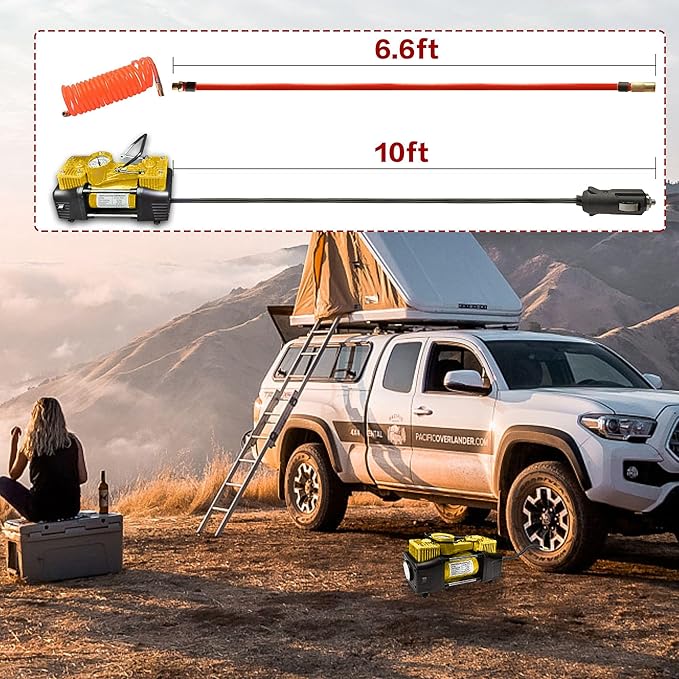 YUNGTEE Yellow Tire Inflator Heavy Duty Double Cylinders Direct Drive Inflation Pump,12V Portable Air Compressor Pump with Emergency LED Light - 150PSI Tire Pump,Apply to Car,Suv,RV