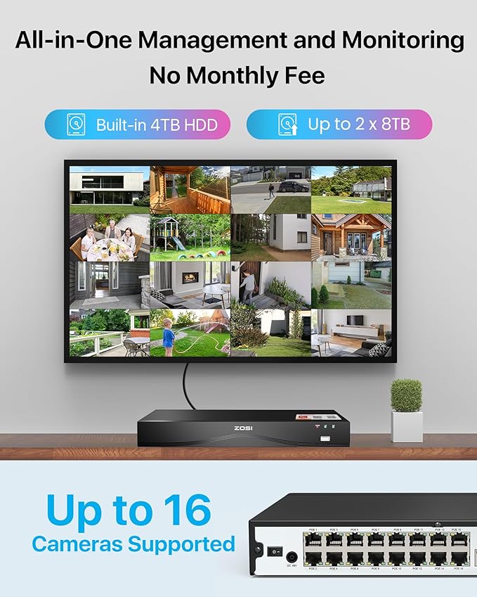 ZOSI 24CH 4K PoE Security Camera System with Face/Person/Vehicle Detection,16 Port 24CH 8MP NVR with 4TB HDD,2 Way Audio,Night Vision,16x 4K Outdoor IP Dome Cameras,Dual Disk-Backup for 24/7 Recording