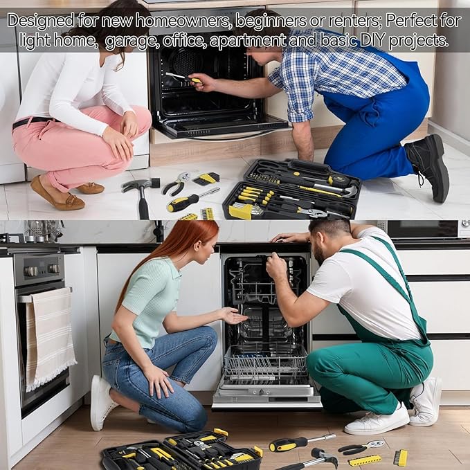 58 Piece Household Tool Set, General Household Hand Tool Kit with Plastic Toolbox Storage Case, All Purpose Household Tool Kit for Home, Garage, Office and College Dormitory Use, Yellow