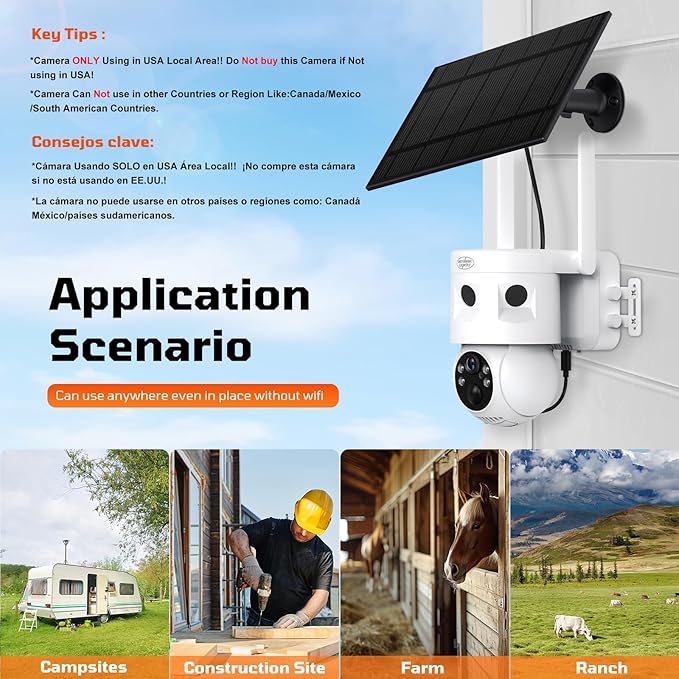 4G LTE Cellular Security Camera 180°Automatic Intrusion Detection and 360°Panoramic View Home and Outdoor Security Camera with Solar Panel, 2K Video with no-Glow Illumination at Night