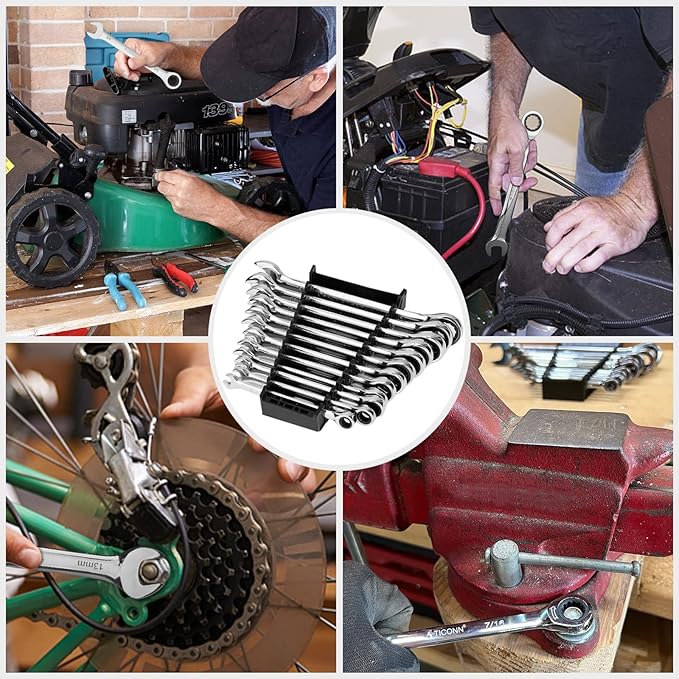 TICONN 12PCS Ratcheting Wrench Set, Professional Slim Profile Mechanic Cr-V Ratchet Wrench Set with Organizer Rack (12PCS Inch (SAE))