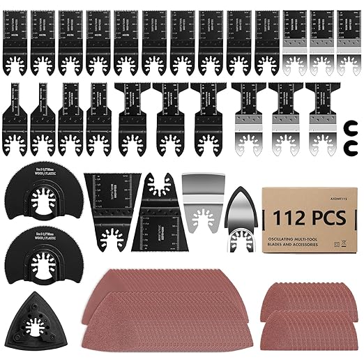 AVID POWER 112Pcs Oscillating Saw Blades Quick Release Oscillating Multitool Blades with Sandpapers Universal Oscillating Tool Accessories for Cutting Metal/Wood/Plastic, Compatible with Most Brands