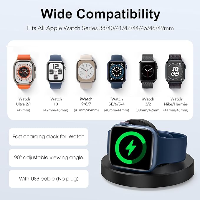 Upgrade Charging Stand for Apple Watch, Magnetic Wireless Foldable Watch Charger Stand with Charging Cord, Supports Nightstand Mode, Compatible with iWatch Series10 9 8 7 SE 6 5 4 3 2/Ultra 2-Black