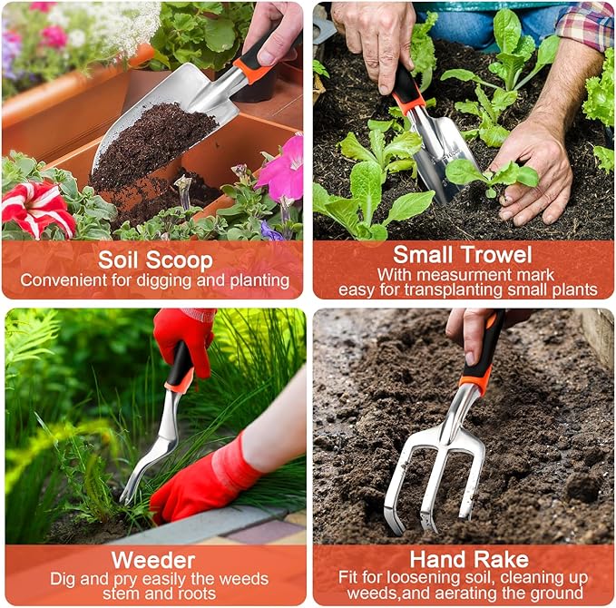 Garden Tools Set, 8 Piece Gardening Tools Set with Non Slip Ergonomic Handle, Heavy Duty Garden Tool Set with Storage Bag, Gardening Kit for Women, Garden Hand Tools Gift for Women and Men, Orange