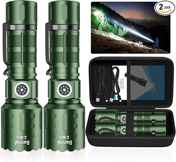 Flashlights High Lumens Rechargeable, Super Bright Long Range Small Powerful Flashlight, 6 Modes LED Tactical Pocket Waterproof Flash Light for Home Emergency (2, Green)