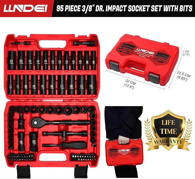 LLNDEI 3/8”Drive Impact Socket Set,Standard SAE(5/16 to 3/4-Inch) Metric Size(8-22mm), 95 Piece, CR-V Steel Deep&Shallow Kit, Adapters, Ratchet Handle, Screwdriver Bit Set, Spark Plug Socket, 6 Point