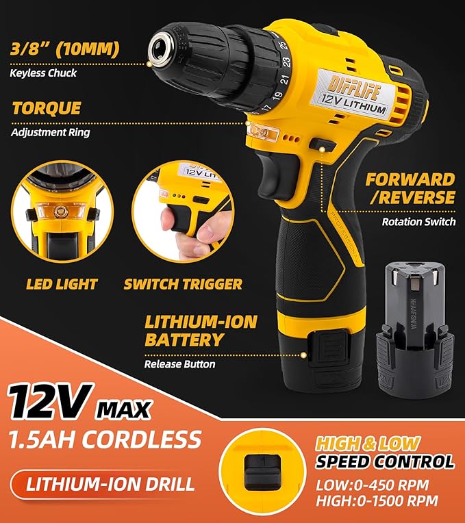 12V Drill Driver Power Tool Combo Kits with Cordless Drill, Professional Household Home Tool Kit Set, DIY Hand Tool Kits for Garden Office House Repair Yellow