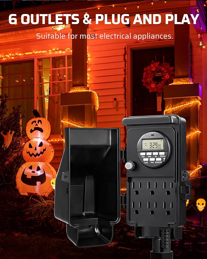 DEWENWILS Outdoor Digital Power Strip Timer, Outdoor Multi Socket Timer, Waterproof 6 Outlet Garden Power Stake, 6ft Cord, Outdoor Timer for Halloween/Christmas Lights, Yard, Garden, 15A Heavy Duty