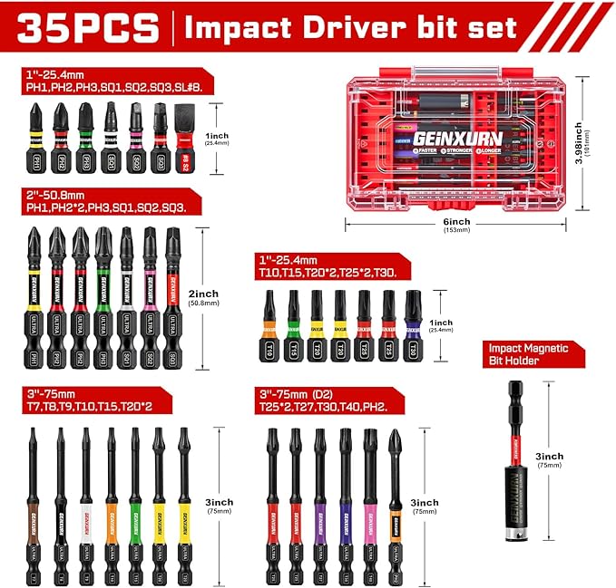 35Pieces Impact Screwdriver Bits Set, Magnetic S2 Steel 1”/2”/3” Phillips/Square/Torx/Slotted Bits Tips,Impact Bit Holder with Red Storage Box Case