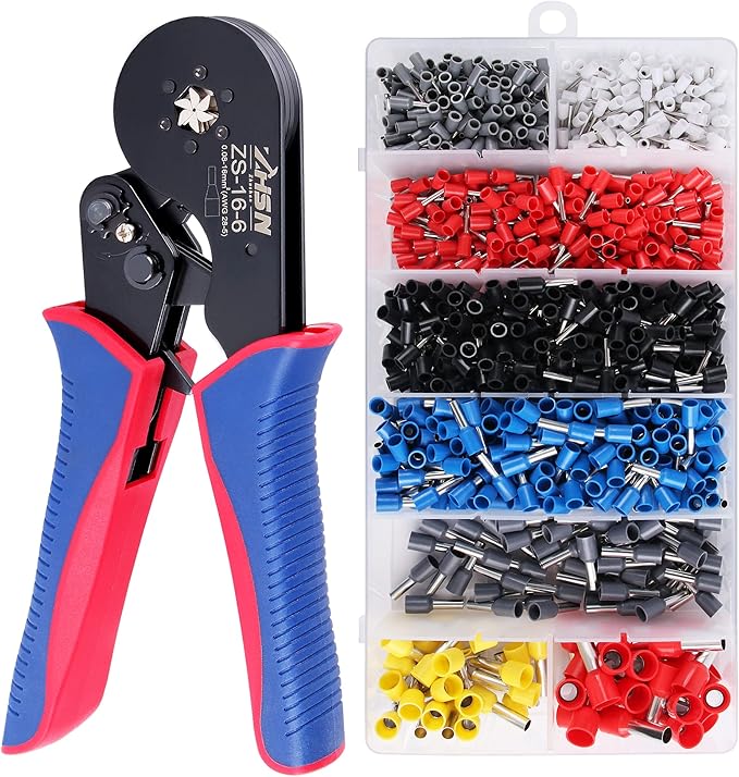Hexagonal Ferrule Crimp Tool AWG 28-5 (0.08-16mm²),Zhushan 16-6 Wire Ferrule Crimper with 1200 PCS Terminal Connector Sleeves