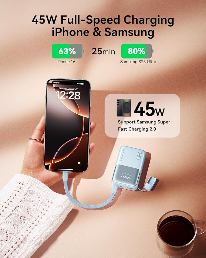 INIU Pocket Size Portable Charger, Ultra Small 10000mAh 45W PD Power Bank, USB C in&Out Fast Charging Battery Pack, Travel Essentials Powerbank for iPhone 17 16 15 14 Pro Air, iPad, Samsung S24 etc