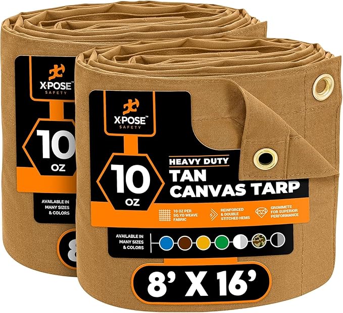 Xpose Safety Canvas Tarp - 10oz Tan Canvas Tarps Heavy Duty Water Resistant with Brass Grommets- Multipurpose Outdoor Tarpaulin for Camping, Canopy, Trailer, Equipment Cover 8' x 16' (2 Pack)