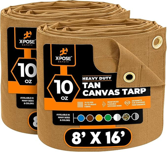 Xpose Safety Canvas Tarp - 10oz Tan Canvas Tarps Heavy Duty Water Resistant with Brass Grommets- Multipurpose Outdoor Tarpaulin for Camping, Canopy, Trailer, Equipment Cover 8' x 16' (2 Pack)