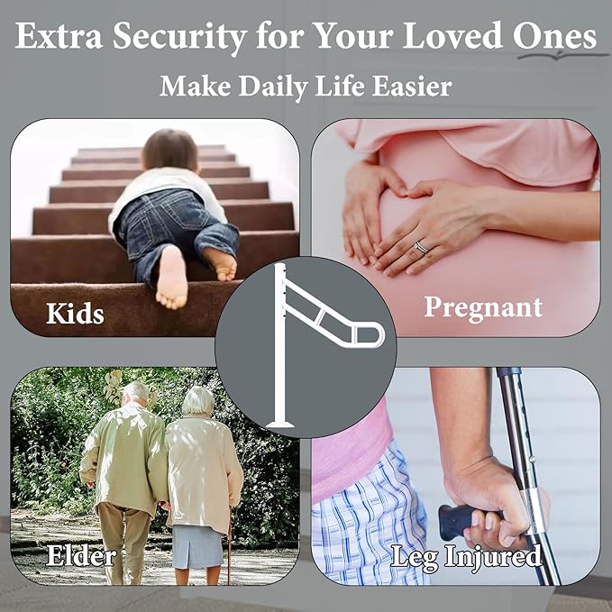 Upgraded Single Post Handrail, White Bent Wrought Iron Handrails for Outdoor 1-3 Steps, Metal Freestanding Stair Railing, Floor Mounted Hand Rails with 2 Anti-Skid Crossbar for Garage, 32"L x 35.8" H