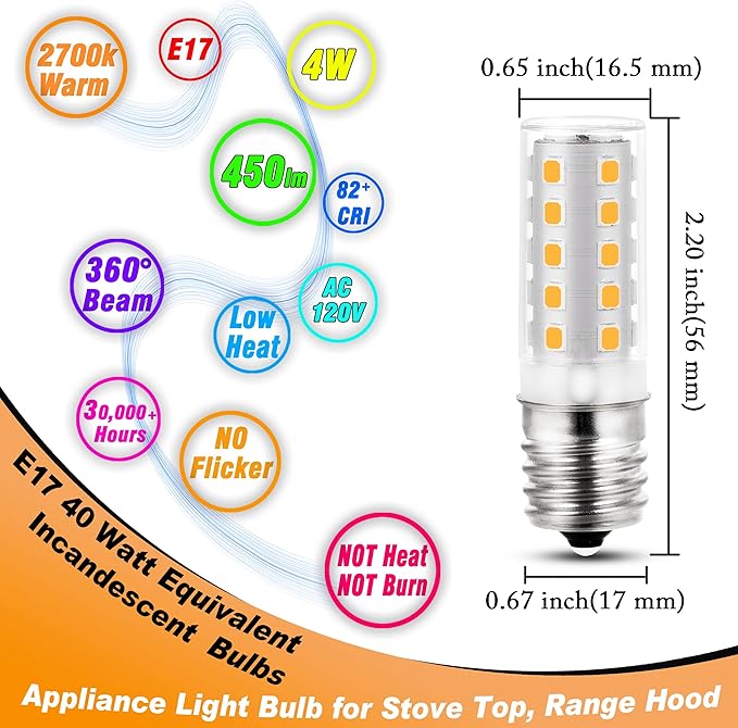 E17 LED Intermediate Base Microwave Light Bulb 4W Equivalent 40W 2700K Warm White E17 Appliance Light Bulb for Chandelier Ceiling Fan Pendant Stove Top Range Hood,Non-Dimmable,120V,450lm,5pack