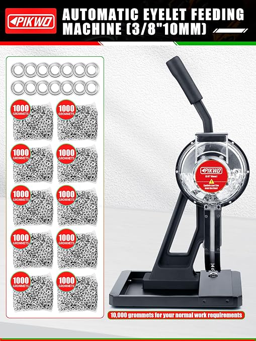 Automatic Eyelet Feeding Machine (3/8" 10mm) Press Punch Tool Kit with 3/8” Die and 10,000 Pcs Grommets Self Piercing Grommet Maker Labor Saving Corsetry Class Recommended