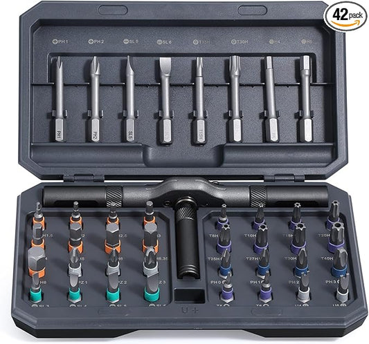42 in 1 Magnetic Screwdriver Set, DIY Ratchet Screwdriver Set, Multi Bit Magnetic Drive Set with Detachable Ratchet Handle, Portable Compact Repair Tool Kit for Furniture Computer Bicycle Gray