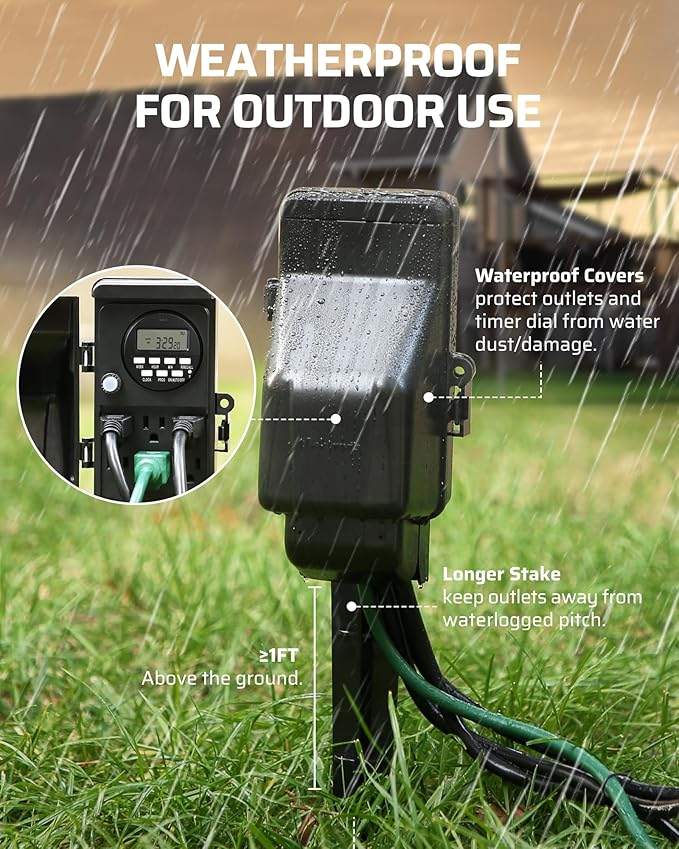 DEWENWILS Outdoor Digital Power Strip Timer, Outdoor Multi Socket Timer, Waterproof 6 Outlet Garden Power Stake, 6ft Cord, Outdoor Timer for Halloween/Christmas Lights, Yard, Garden, 15A Heavy Duty