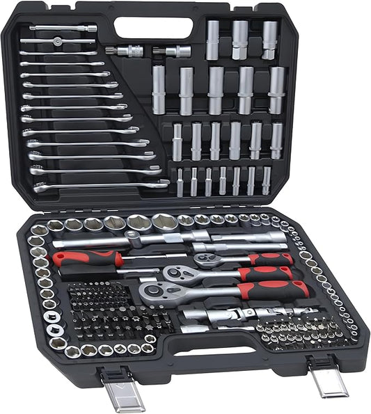 Professional 216pcs Drive Socket Ratchet Wrench Set, 1/4 & 3/8 Inch Drive, Standard Full Mechanic Tool Set for Auto & Motorcycle Repair Kit with Storage Case (216p