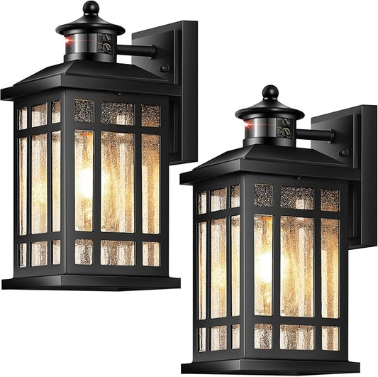 Motion Sensor Outdoor Light Adjustable Sensing Range, 2 Pack Black Dusk to Dawn Exterior Lighting Fixtures with Bubble Glass, Aluminum Anti-Rust Outside Lights for House Garage Doorway Garden