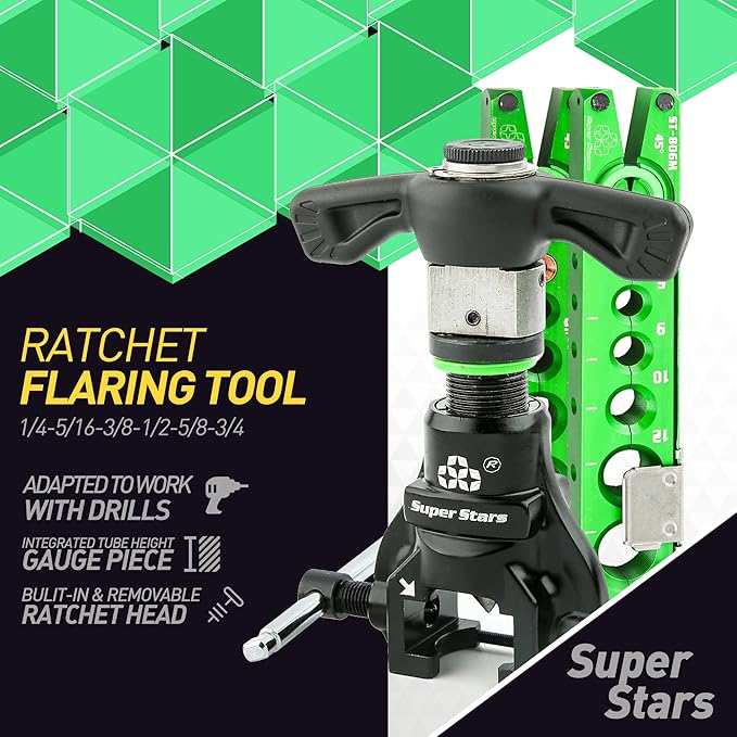 Super Stars Cordless Drill Type Flaring Tool Kit 1/4"-3/4" Single Flare Tool 45° Eccentric HVAC Air Condition Refrigeration Tool