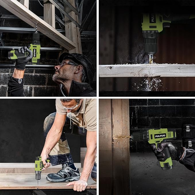 PULITUO 12V Green Cordless Drill Set - Power Drill Kit with Battery and Charger, 3/8-Inch Keyless Chuck, Built-in LED, 21+1 Torque Setting
