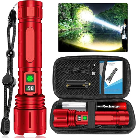 Flashlights High Lumens Rechargeable, Super Bright LED Powerful Flashlight, Type-C, 5 Modes, Zoomable, IPX5 Waterproof High Powered Tactical Flash Light for Emergency Camping,Red