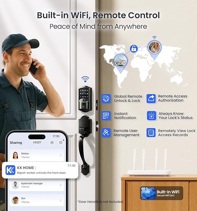 Veise VE027 Built-in Wi-Fi Smart Lock, Fingerprint Keyless Entry Front Door Lock, App Remote Control, No Hub Needed, Keypad Deadbolt with Long Battery Life, IP65 Waterproof, BHMA Grade 3, Matte Black