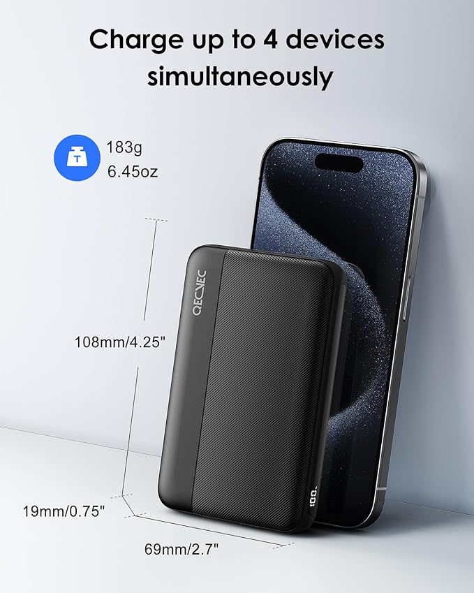 Power Bank 10000mAh, Portable Charger with Built-in Cables, 22.5W PD Fast Charging for iPhone & Android Devices, Ultra-Compact Travel Essential, Pocket-Sized Design-Black