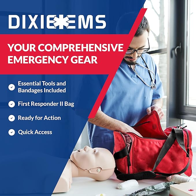 Fully Stocked Trauma First Aid Kit – First Responder II Bag with Tools, Gauze, Bandages, Scissors & Gloves – Compact & Portable – OSHA and ANSI Compliant – Red
