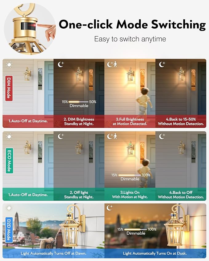 Motion Sensor Front Porch Light, Gold Outdoor Light Fixture Wall Mount, Outdoor Wall Lantern Sconce Light with Beveled Glass, Waterproof Carriage Lights Exterior, Coach Lights for Garage, Patio