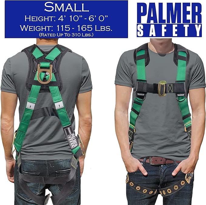Palmer Safety Full Body Harness with 5 Point Adjustment, Dorsal D-ring, Grommet Legs, Two Side D Rings, and Fall Indicators
